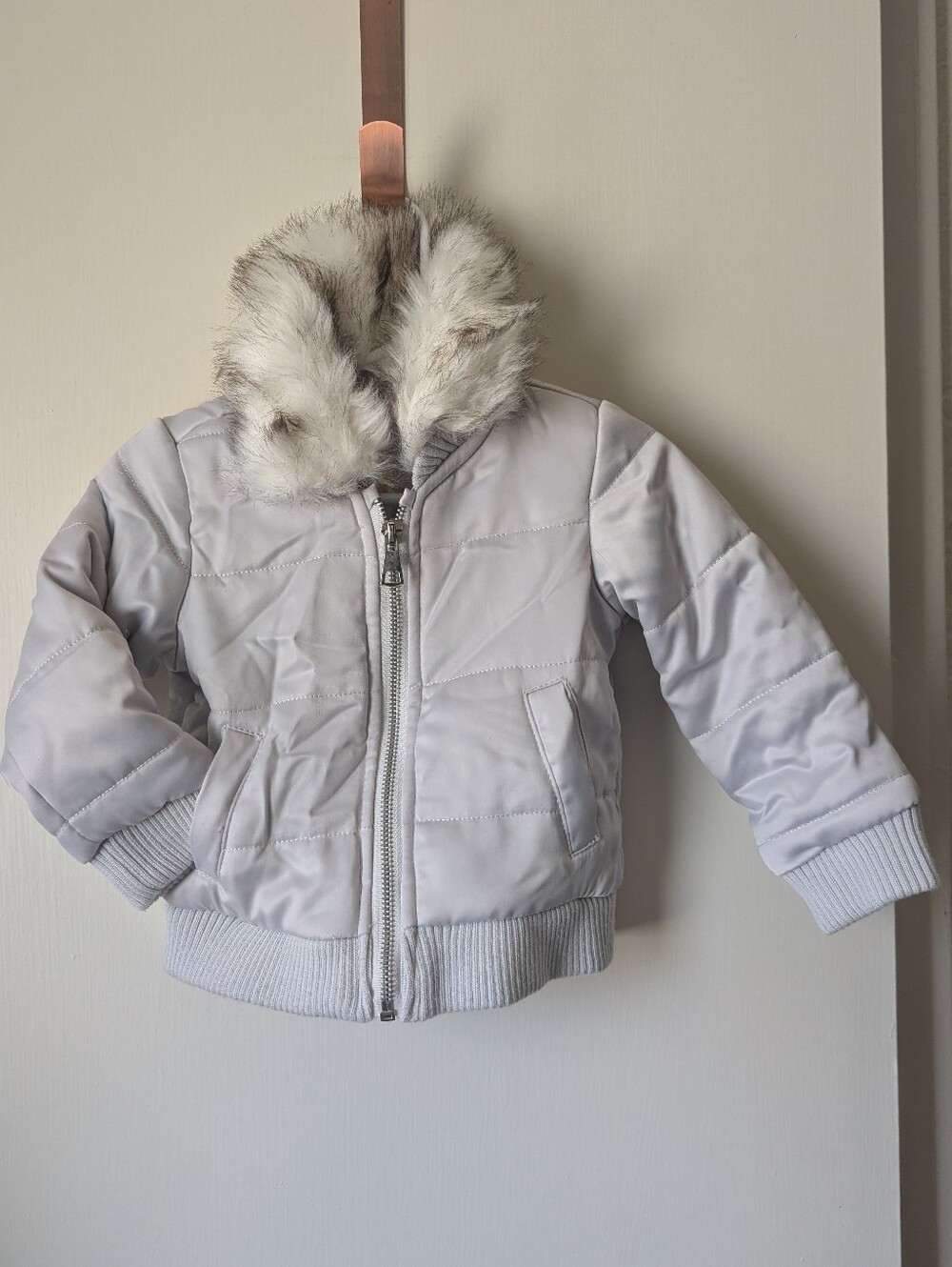 Toddler Light Gray Faux-Fur Hooded Puffer Jacket - 12months